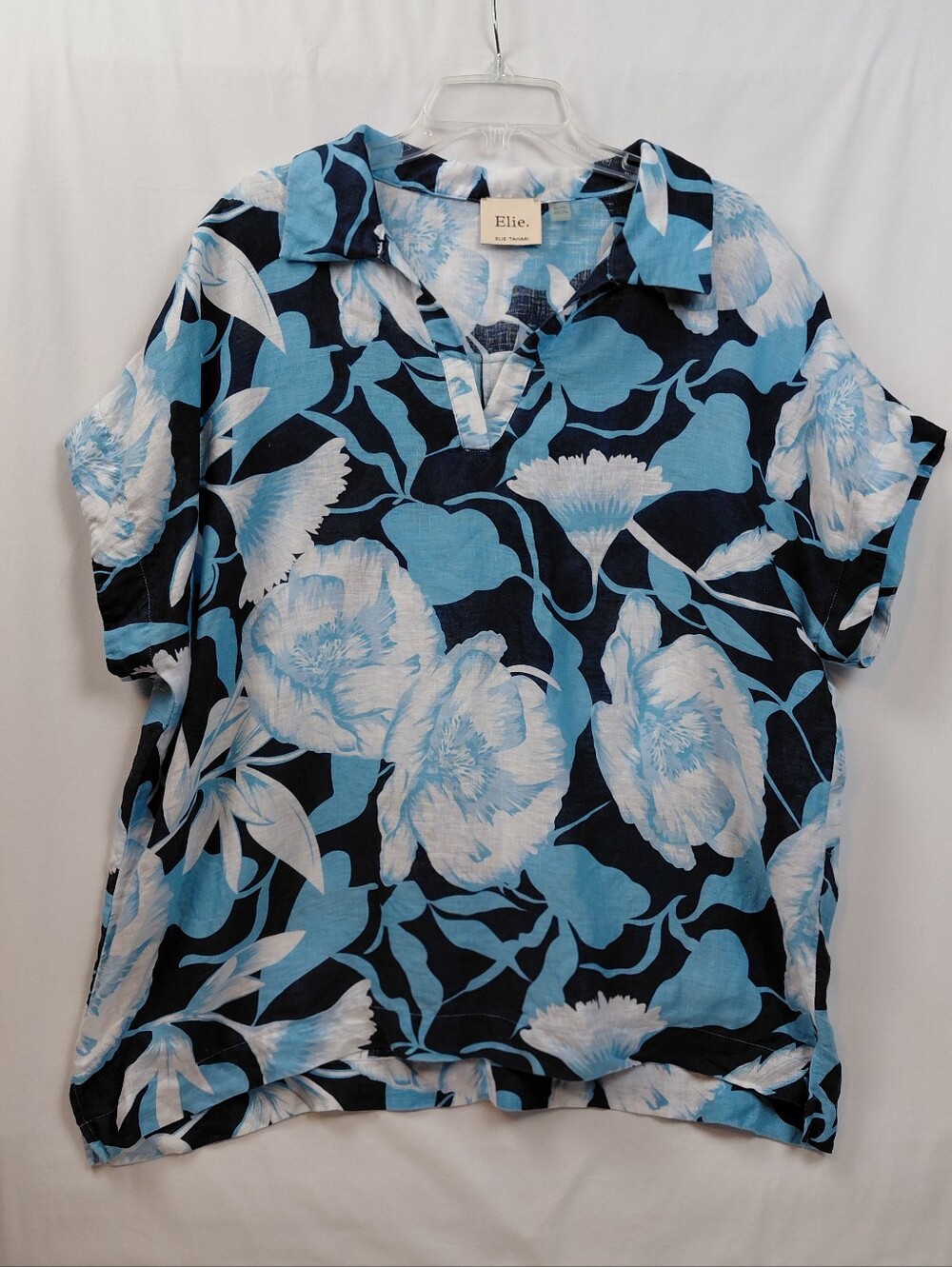 Elie 100% Linen Popover Shirt Women's Size X Large Blue White Hawaiian Oversized